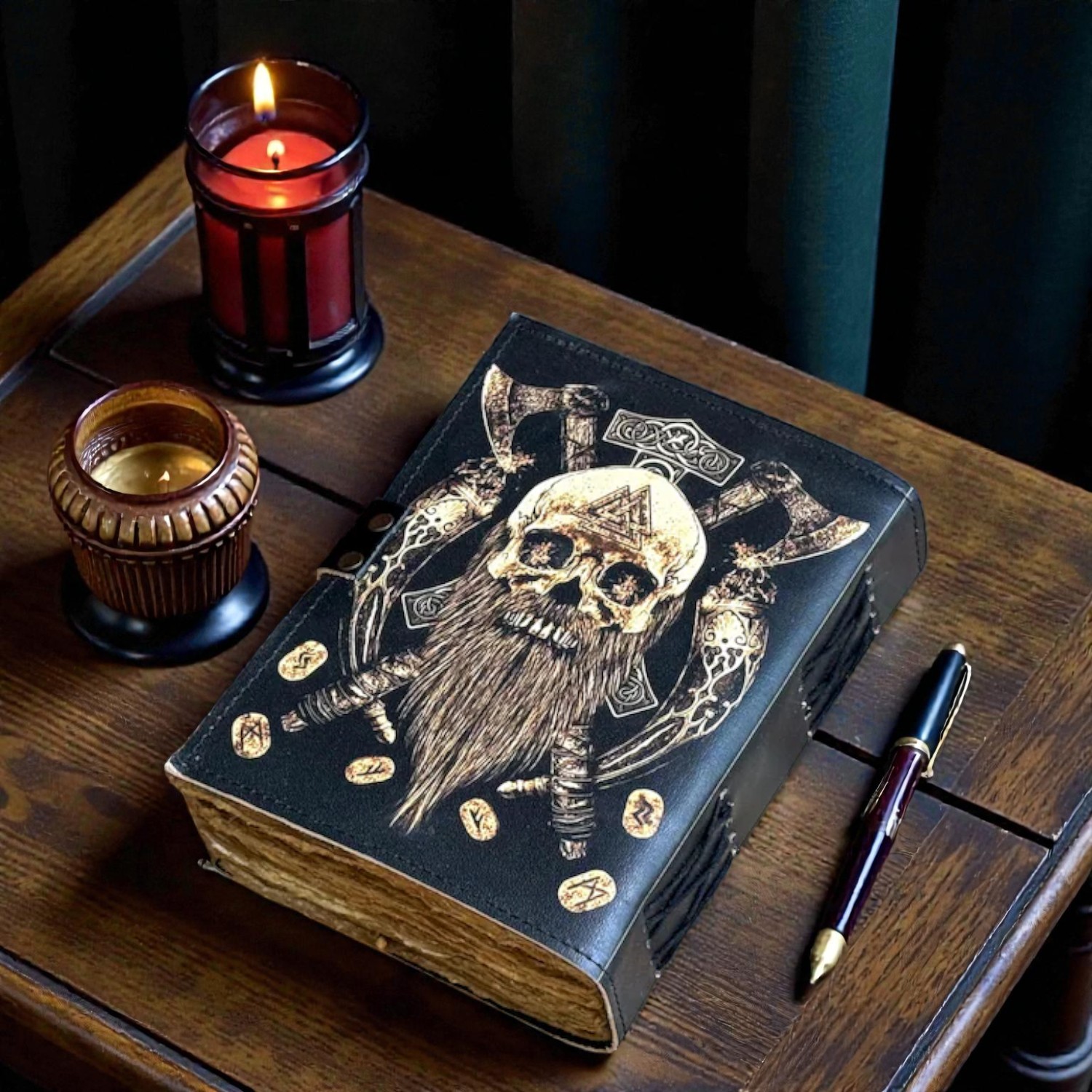 Handmade Viking Leather Journal 5x7 Inches – Warrior Skull Notebook with Axes & Runes, 200 Deckle-Edge Pages, Vintage Lock, Rustic Medieval Diary