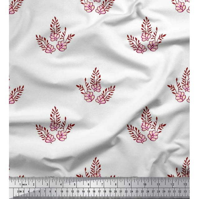Soimoi Polyester Crepe Fabric Leaves & Floral Block Print Sewing Fabric Yard 52 Inch Wide