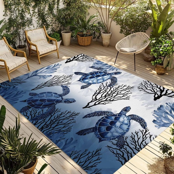 Coastal Sea Turtles Outdoor Rug for Patio/Deck/Porch, Non-Slip Large Area Rug 6 x 9 Ft, Summer Coral Ocean Beach Gradient Blue Indoor Outdoor Rugs Washable Area Rugs, Camping Rug Carpet Runner