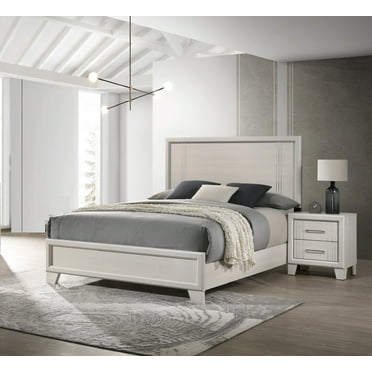 Beautiful Lustrous White Cream Finish King Size Panel Bed 2x Nightstand 3pc Bedroom Set