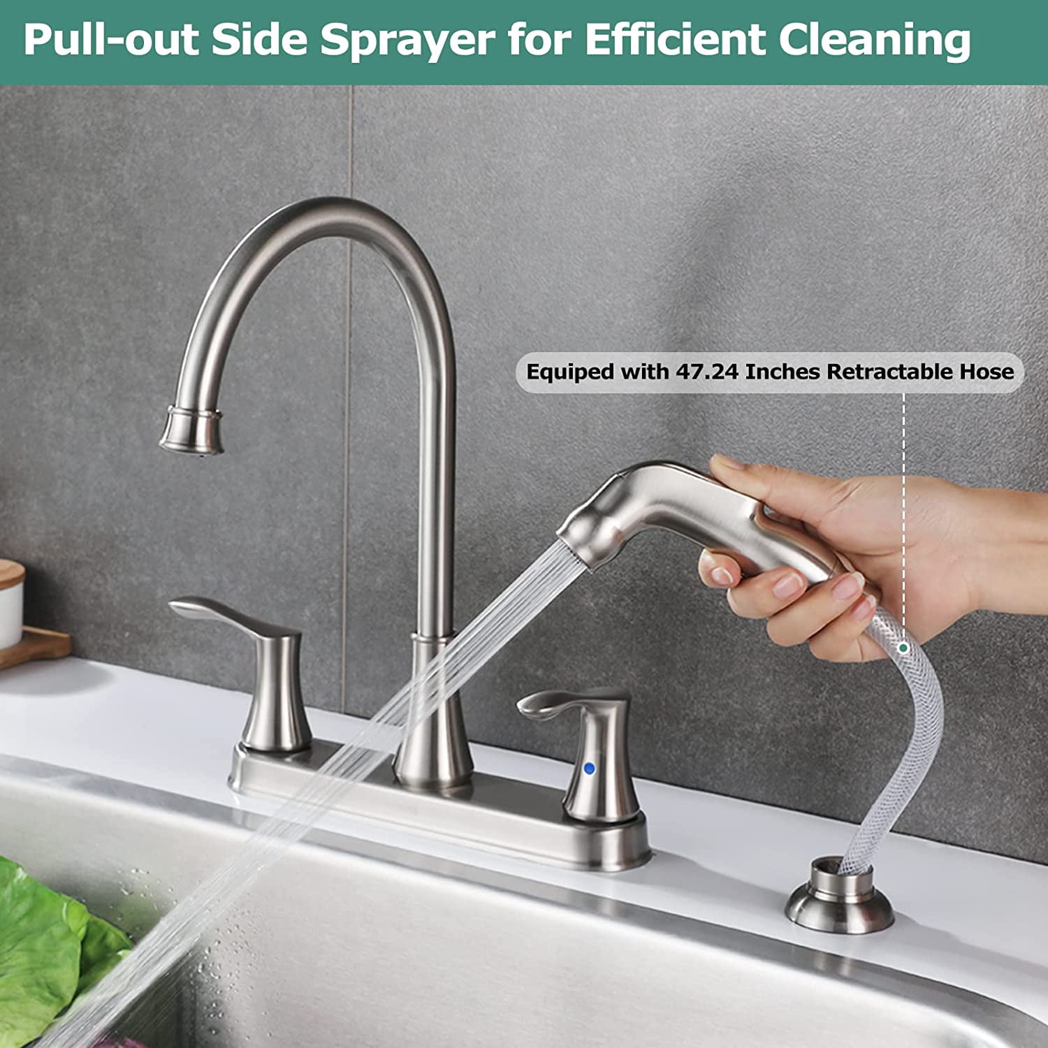 PARLOS 8-Inch High Arch Two-Handle Kitchen Sink Faucet with Side Sprayer and Supply Lines, Brushed Nickel