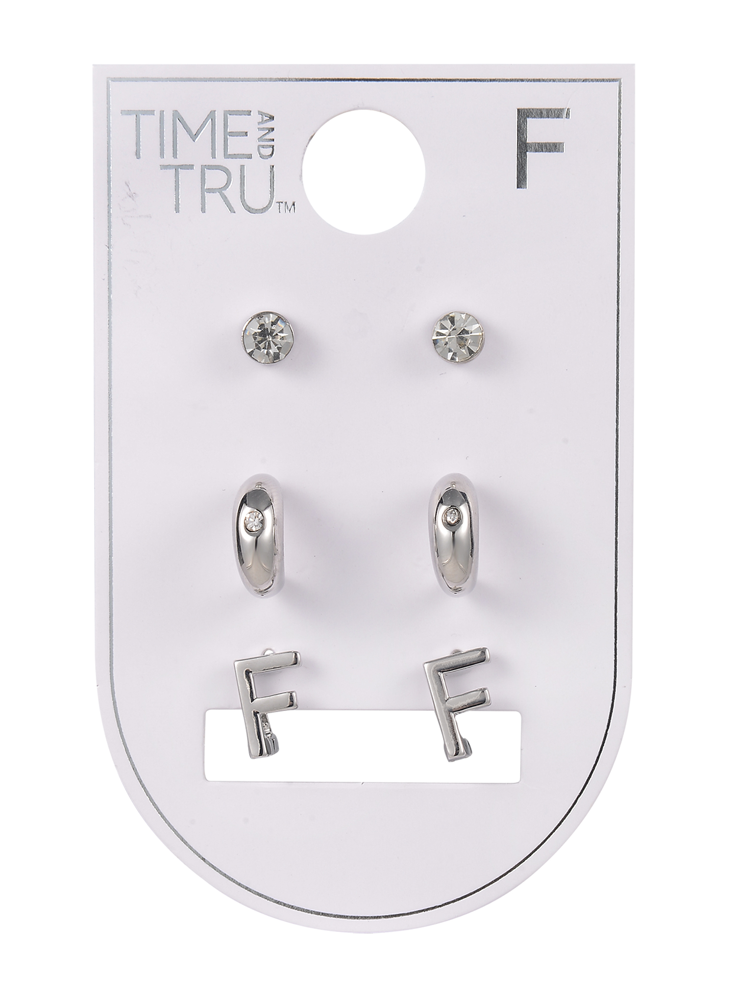 Time and Tru Silvertone 3-On Crystal Stud, Hoop, Initial "F" Earring Set