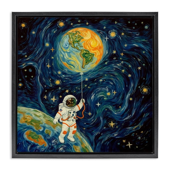 Astronaut with Earth Balloon Black Framed Floater Canvas Wall Art, design by Angie Hawke