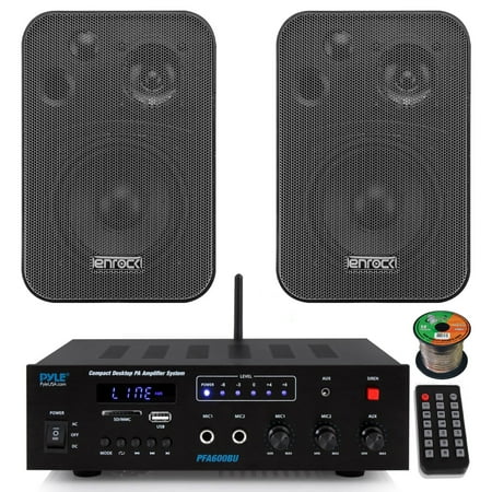 Pyle PFA600BU Compact Bluetooth USB AUX FM Radio Public Address Amplifier Receiver System Combo Bundle with 2x 4 30 Watts Max Power 3-Way In Door/Out Door Black Box Speakers 16 Gauge Speaker Wire