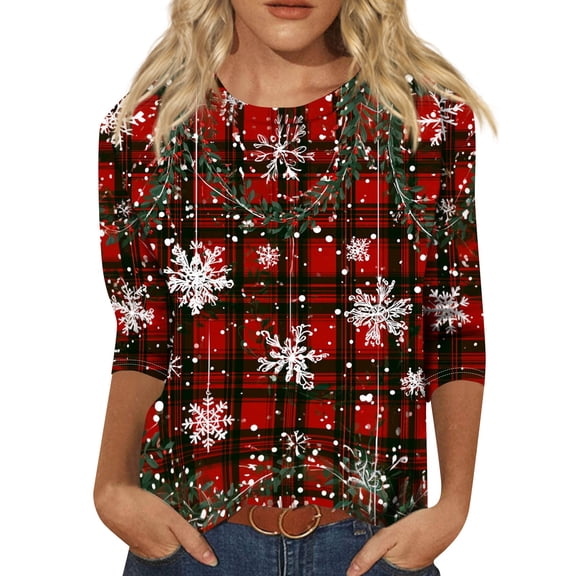 WJOSBXT Christmas Shirts For Women Crewneck 3/4 Sleeve Tops Funny Xmas Holiday Graphic Tees Lightweight Loose fit Ugly Shirt M