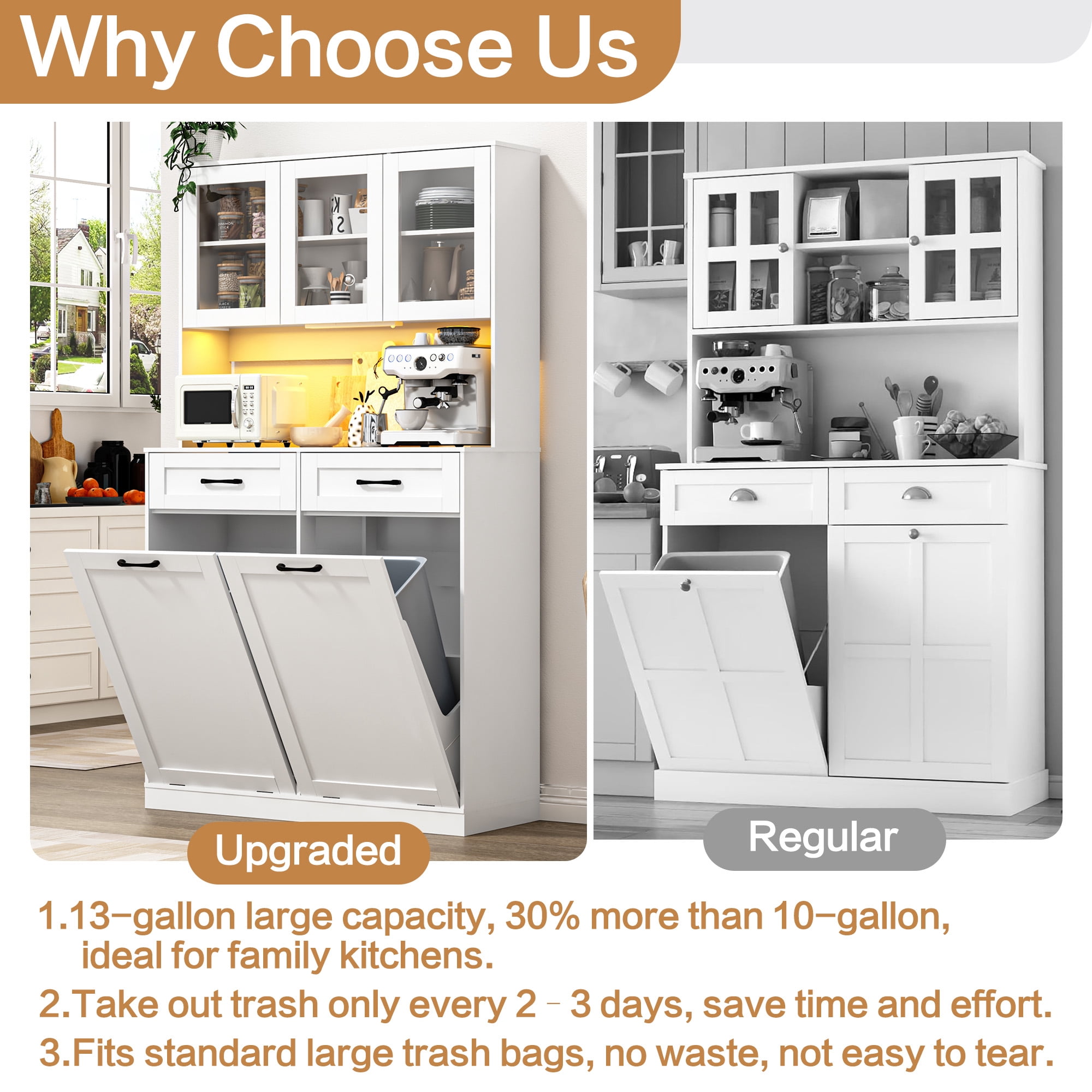 ANPOO 72.1"H Kitchen Pantry Storage Cabinet with Power Outlets & LED light, Kitchen Double Tilt Out Trash Cabinet 13X2 Gallon Garbage Holder with Two Drawers, Freestand Laundry Sort Cabinets