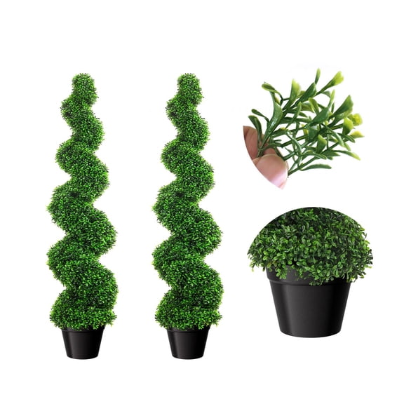Set of 2 35.4 Inch Artificial Spiral Boxwood Topiary Trees, Faux Evergreen Plants with Sturdy Pot, Low-Maintenance Fake Greenery for Indoor Outdoor Home Patio & Office Decor