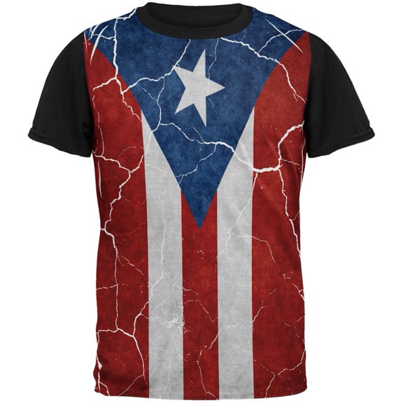 Distressed Puerto Rican Flag All Over Mens Black Back T Shirt