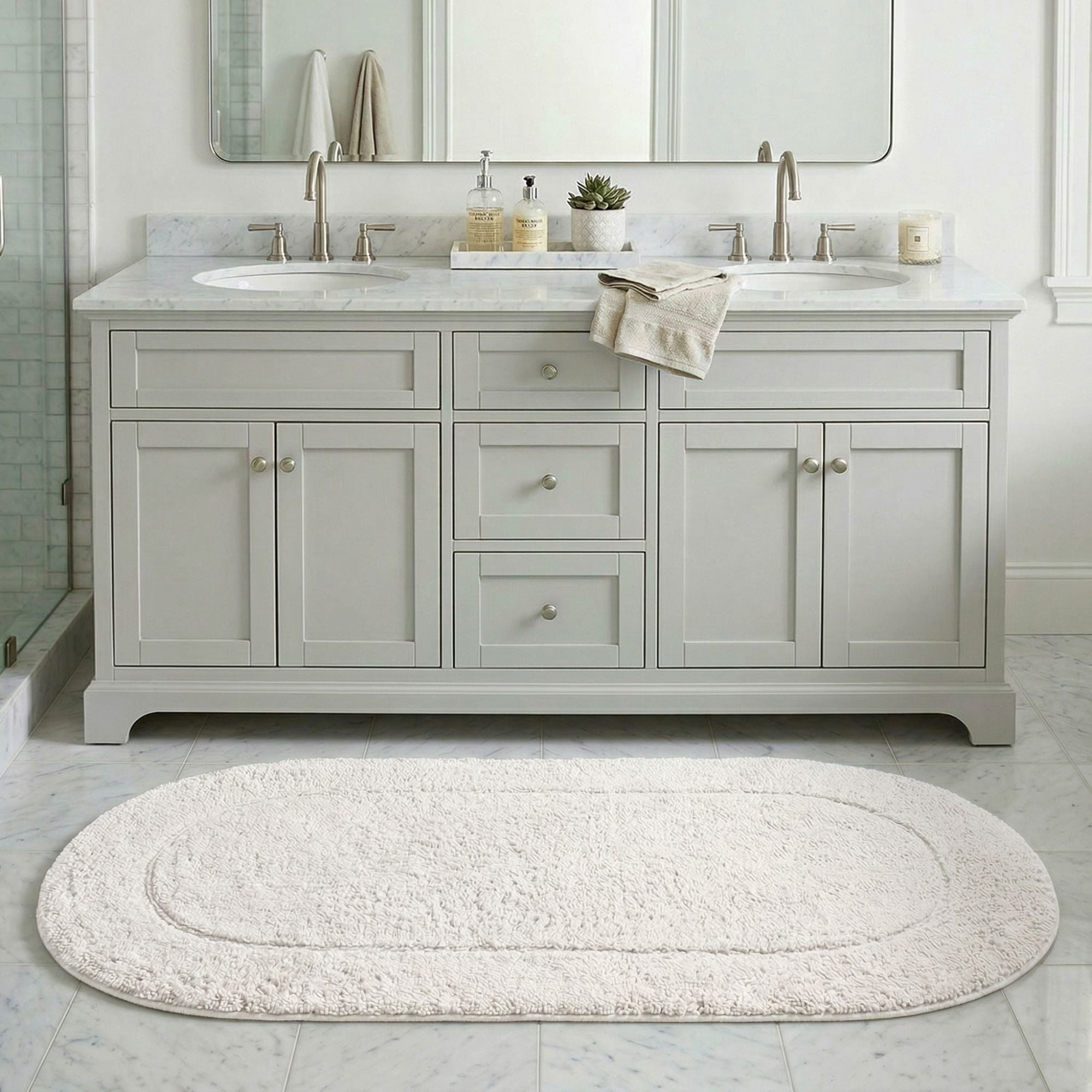 Superior Oval Bordered Cotton Washable Non-Slip Bath Rug, Runner Size, White