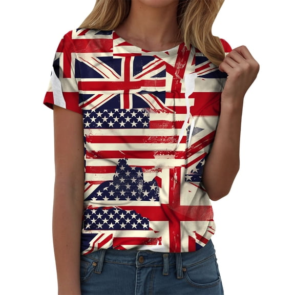 TOWED22 USA Shirt Women American Flag Shirts Patriotic T-Shirt America 250th Birthday Short Sleeve Tops(Beige,XL)