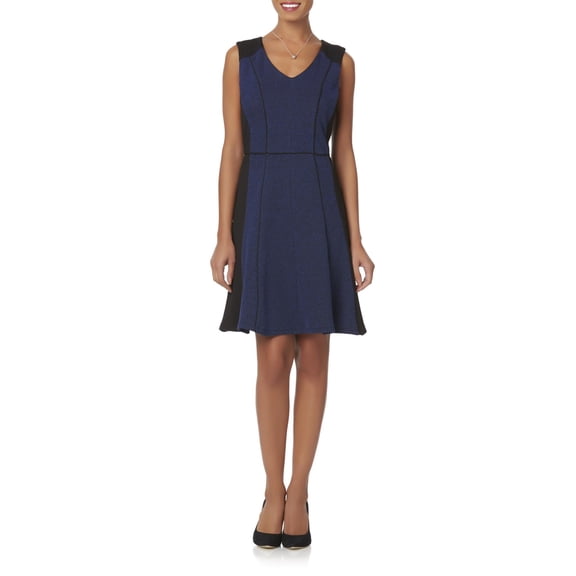 Covington Women's Colorblock Textured Sleeveless A-Line V-Neck Flare Dress - Blue/Onyx Black - (X-Large)