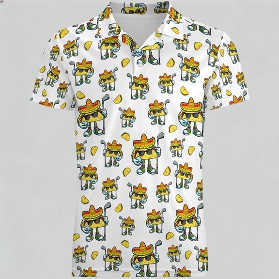 Boy's Golf Print Polo Shirts Short Sleeve Collar White Summer Casual Breathable Lightweight Trendy Stretchy Boy's Shirts Size 3-4 Y