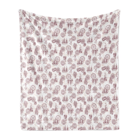 Nautical Soft Flannel Fleece Throw Blanket, Maritime Pattern of Outline Ship Compass and Wheel Swirling Rope, Cozy Plush for Indoor and Outdoor Use, 70" x 90", Raspberry Pale Peach, by Ambesonne