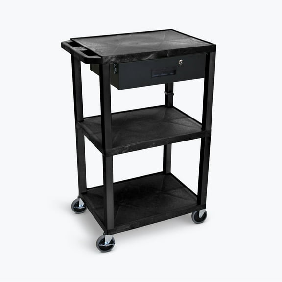 Luxor Tuffy 42" H Three-Shelf Multi-Purpose Utility Cart with Locking Drawer, 24" W x 18" D, Black