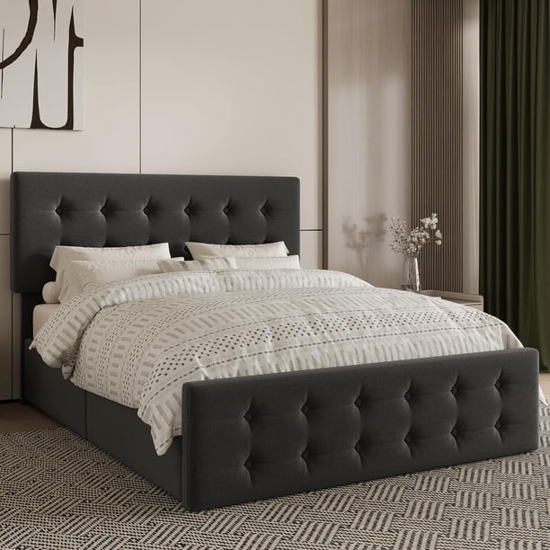 Yeshouse Marco de la cama con 4 cajones de almacenamiento, cabecera tapizada ajustable con ropa de cama amigable para la piel, sin necesidad de muelle de caja