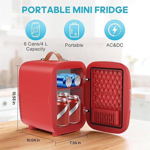 Dozzle 4L Mini Fridge , Holds 6 Cans, Keeps Skincare and Snacks Chilled with Dual 110V/12V Power, Compact Companion for Dorm, Office, and Car,Red