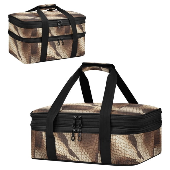 Large Double Decker Insulated Casserole Carrier Expandable 2-Layer Thermal Food Tote Bag Brown Snake Skin Pattern Hot Cold Pizza Lasagna Holder for Potluck Picnic Party Camping
