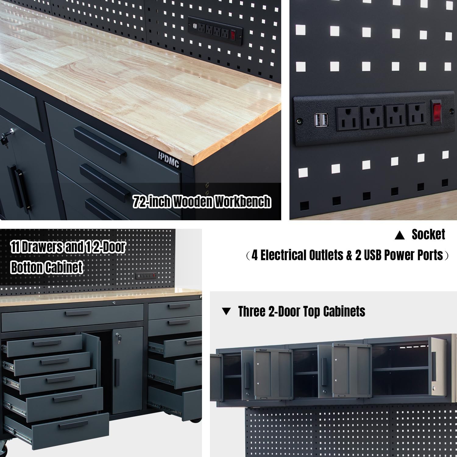 HPDMC 72in Rolling Tool Chest Cabinet Mobile Garage Workbench Heavy-Duty Tool Cabinet on Wheels with 11 Drawers, 2-Door Cabinet, 3 Top Cabinet, Pegboard & Power Strip for Tool Organization