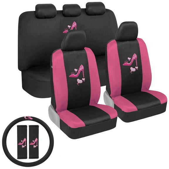 BDK Two-Tone Pink Heels Car Seat Covers Full Set with Steering Wheel Cover and Seat Belt Pads – Front and Rear Covers with Matching Embroidered Accessories, Fits Most Cars Trucks Vans SUVs, SCPRINTS