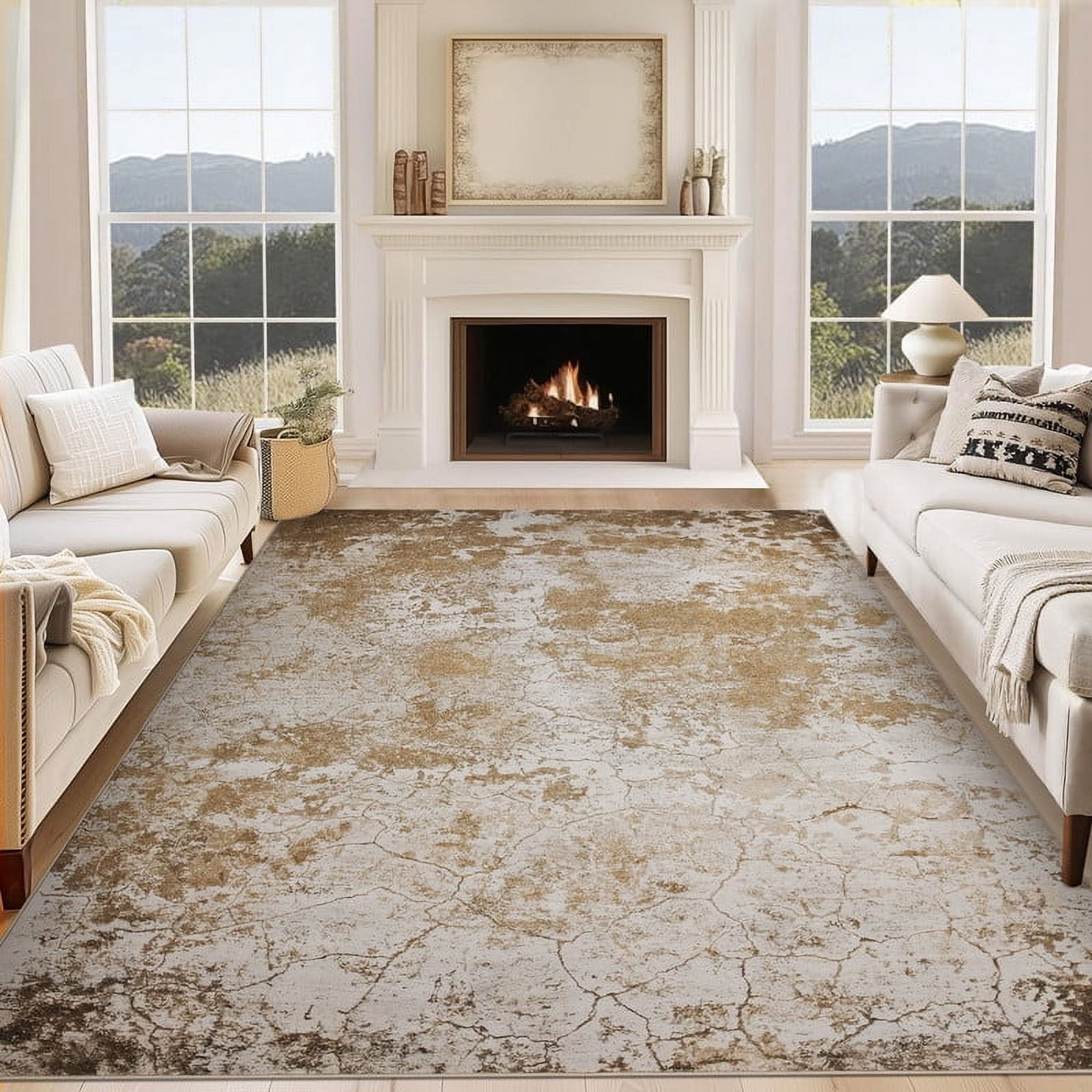 Living Room Area Rugs 6x9 Washable Modern Abstract Large Soft Indoor Rug Neutral Modern Low Pile Carpet for Bedroom Dining Room Apartment Camel