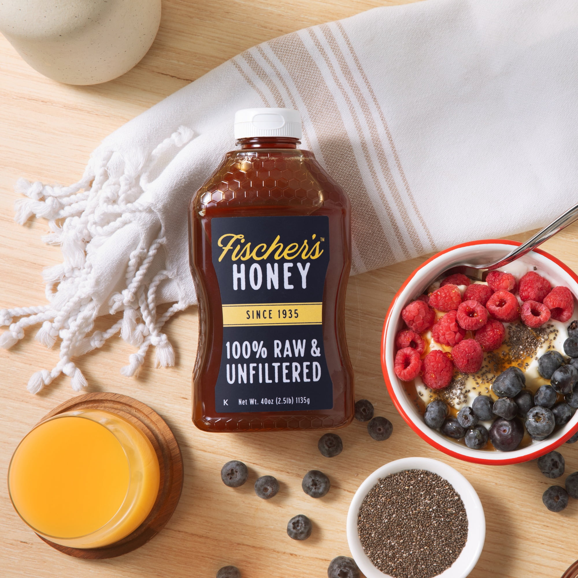 (3 pack) Fischers Honey 40oz Raw & Unfiltered, Pure, Premium, Raw Honey, Squeeze Bottle
