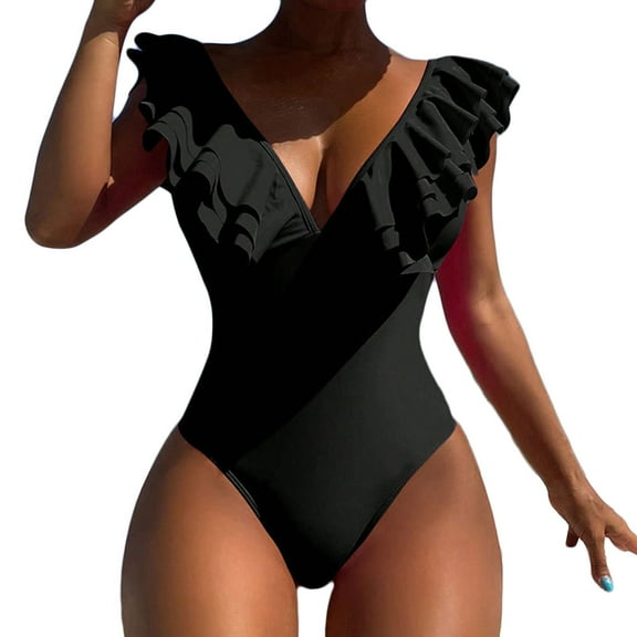 TrendVibe365 Womens Swimsuits Tummy Control Ruffle Strap V Neck One-Piece Backless Monokinis Solid Retro Vintage Beachwear Push up High Waist Bikinis Tankinis for Holiday, Travel and Seaside