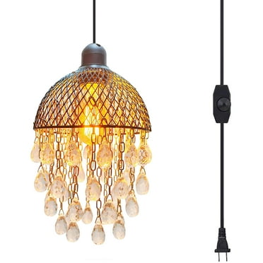 Kiven Plug in Pendant Light, Farmhouse Hanging Light Fixture with Iron Crystal Lampshade, E26 Socket Dimmable Pendant Light for Hallway Kitchen Bedroom