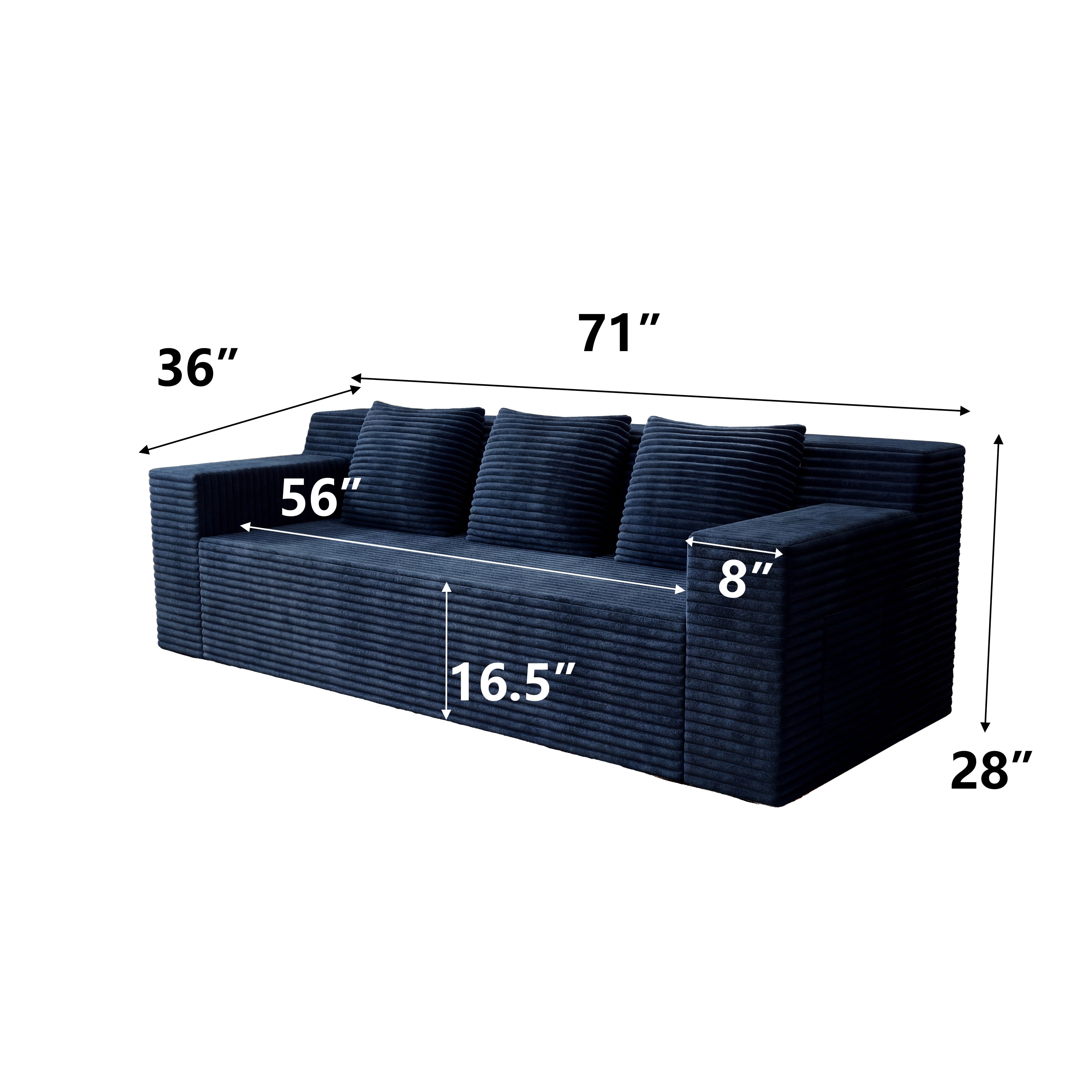 HSUNNS 71" 3 Setaser Sofa, Comfy Extra Deep Seat 3 Seater Couch for Living Room with Soft Upholstered, Free 3 Pillows and Side Pockets, No Assembly Required, Blue