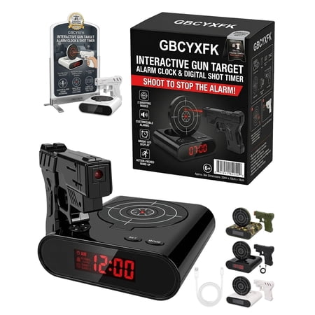 Gun Target Alarm Clock with Gun Shooting Wake Shot Flying Timer Shooting Game Digital Alarm Clock with Wheels Personalized Rolling Timing Runaway Clocks LED Display Home Living Room Bedroom