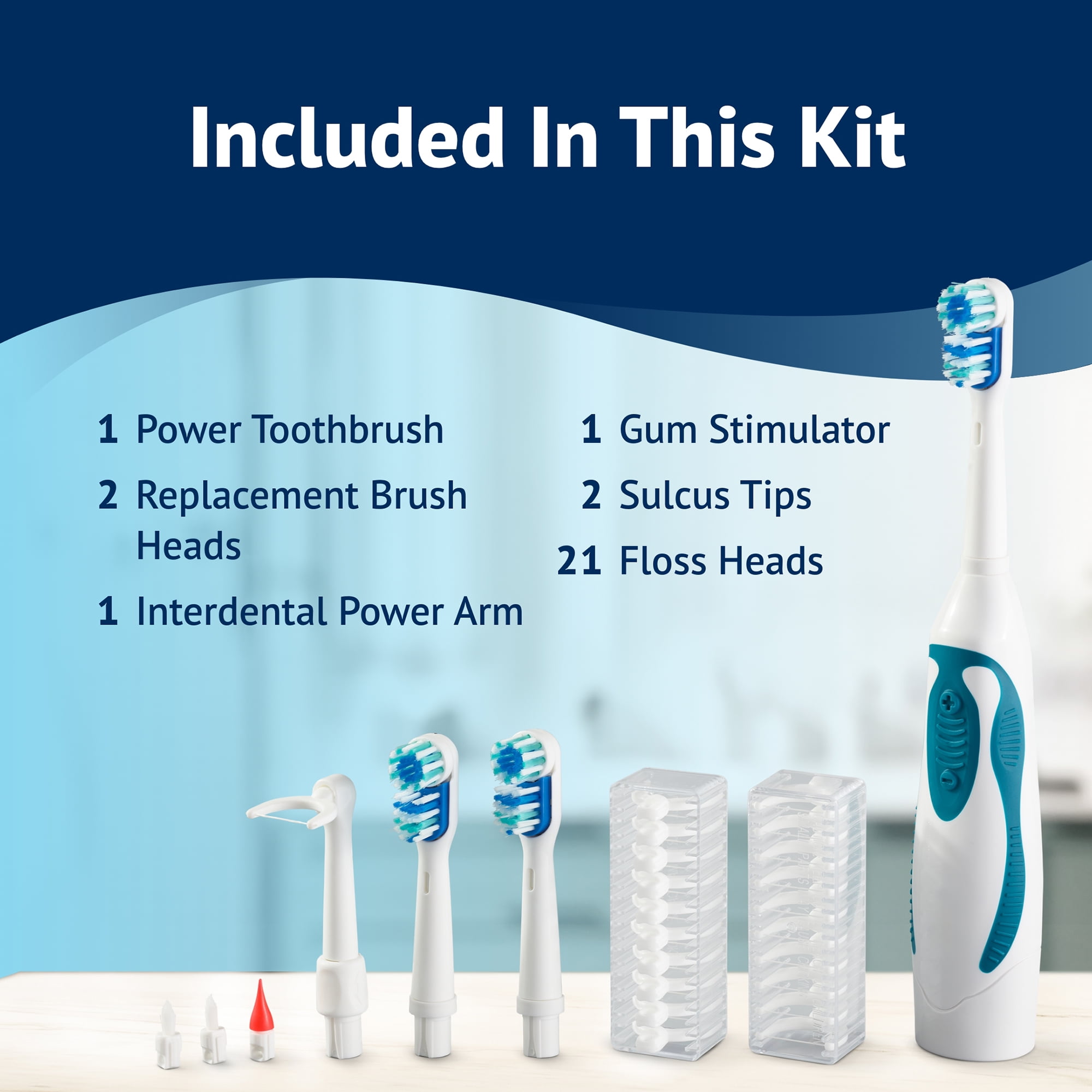 (3 pack) Equate Dual Motion Power Oral Care Kit with Interdental Tools, Soft