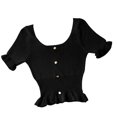 thumbnail image 3 of Camiseta de punto para mujer, manga corta, cuello cuadrado, corte ajustado, botón superior, negro Yuarrent AP001523-01B, 3 of 7