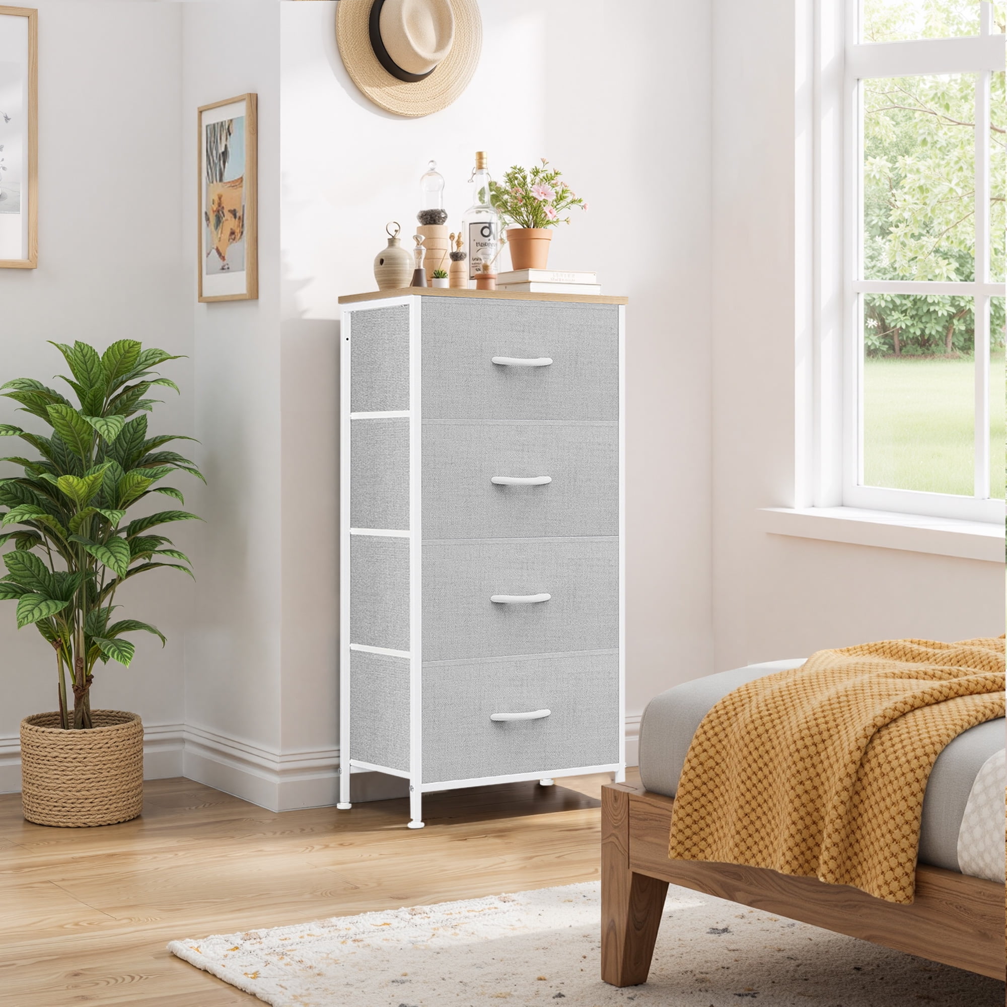 Dresser, Betcozy Storage Organizer with 4 Drawers for Bedroom, Nightstands with Sturdy Metal Frame, Wood Tabletop for LivingRoom, Entryway,Light Gray