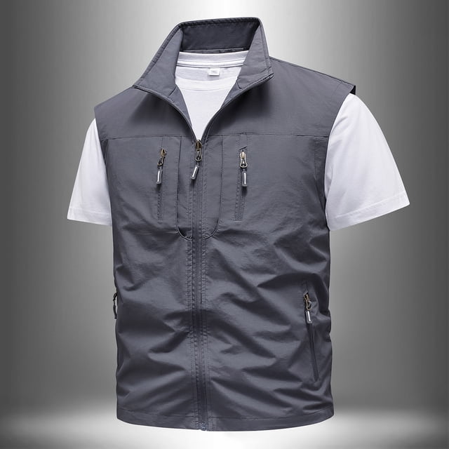 Drppepioner Faux Leather Jacket Men,Men's Quick-Drying Work Clothes Jacket Solid Color Stand-Up Collar Zipper Waistcoat Dark Gray