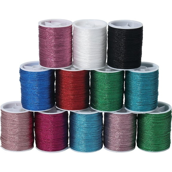 12 Rolls 240M Multicolor Metallic Cord Embroidery Shimmer Christmas Thread Polyester Tinsel Glitter String Cords Bulk Roll for DIY handcrafting