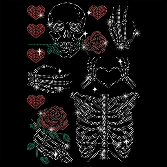 1Sheet Glass Hotfix Rhinestone Iron on Appliques Costume Accessories for Clothes Bags Pants Skeleton 297x210mm