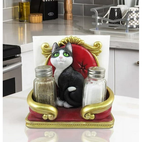 Royal Service Black and White Tuxedo Cat Napkin And Salt Pepper Shakers Holder