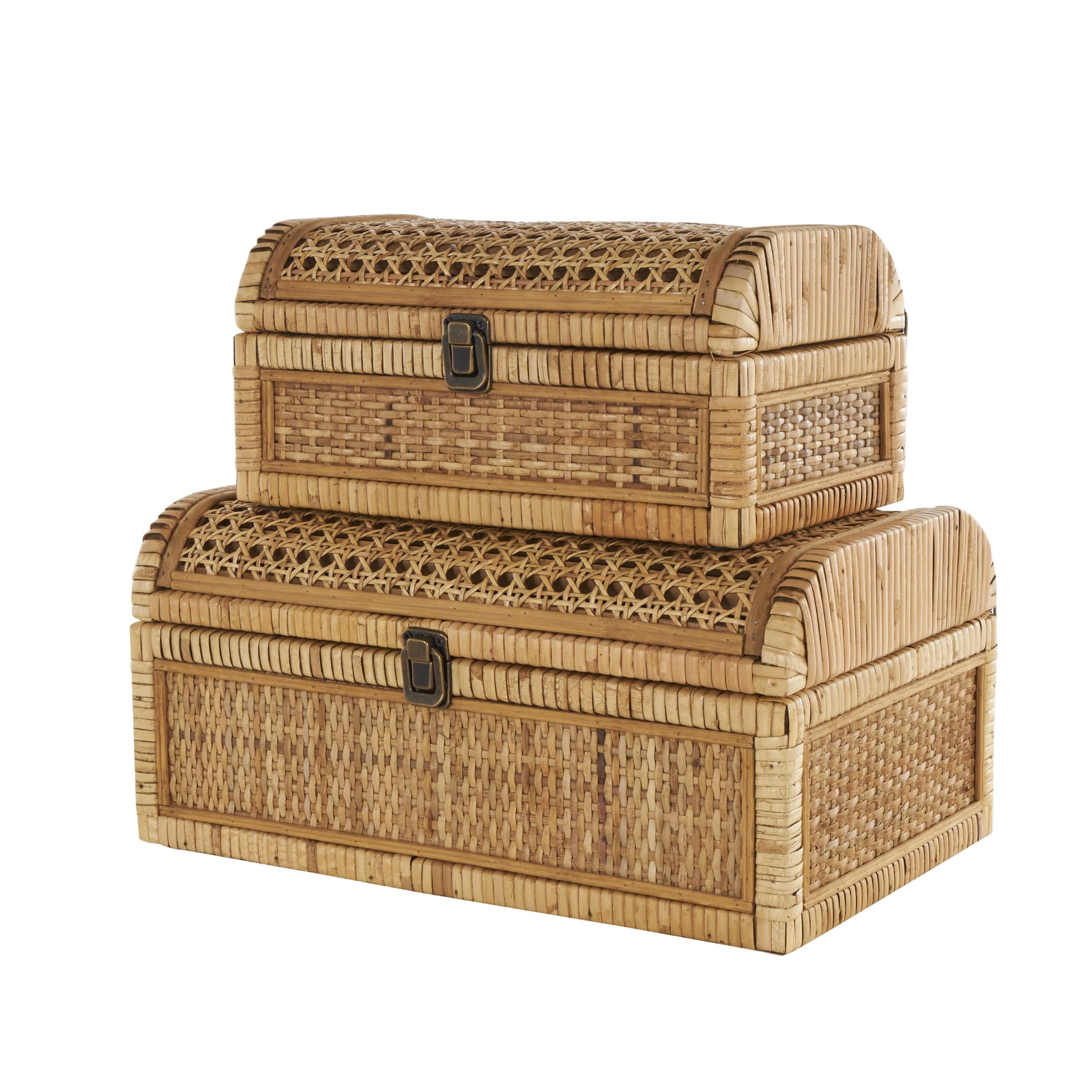 DecMode Handmade Woven Storage Brown Rattan Decorative Box with Curved Tops and Wrapped Edges, 2 Count