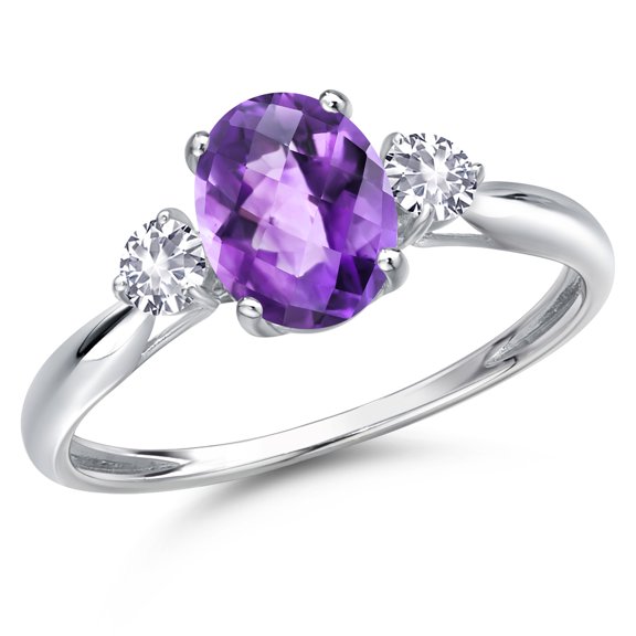Gem Stone King 10K White Gold Purple Amethyst and White Created Sapphire 3-Stone Ring for Women | 1.46 Cttw | Oval Checkerboard 8X6MM | Gemstone February Birthstone | Size 8