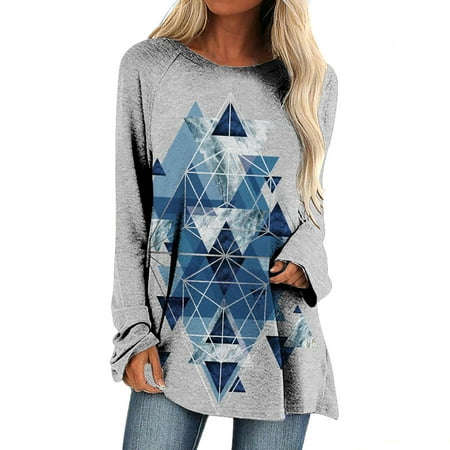 

Women Long Sleeve Casual Shirts Print Round Neck Pullover Loose Tops