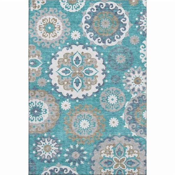 HomeRoots 664079 9 x 12 ft. Teal Ivory & Gray Medallion Transitional Washable Machine Made Rectangle Area Rug with UV Protection