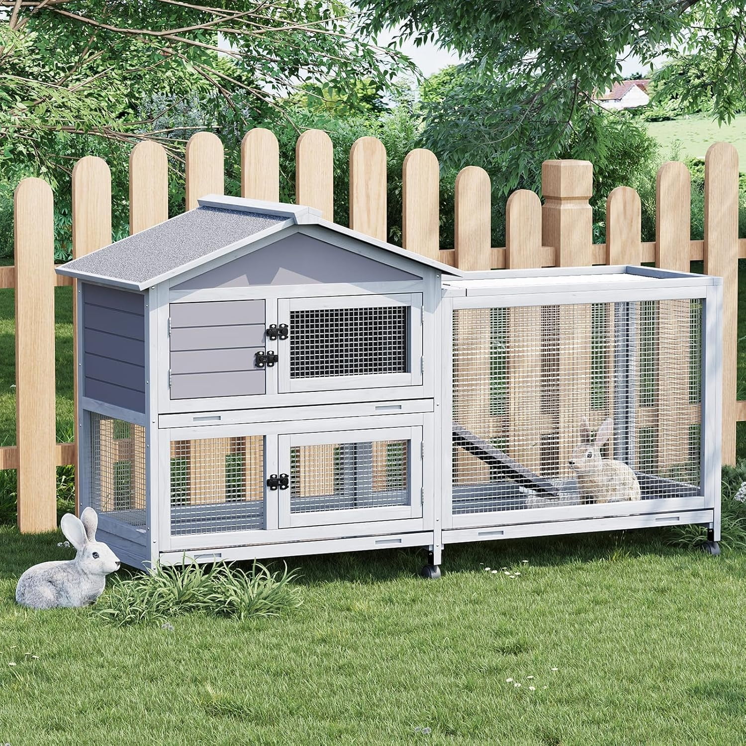 Rabbit Hutch with Weatherproof Roof, Bunny Hutch with 6 Lockable Caster Wheels & Pull-Out Tray, Rabbit Cage for Indoor Outdoor Use