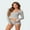 Gray, variant on Women Pajamas Set 2 Pieces Loungewear Suits Solid Color Ribbed V-Neck Long Sleeve Crop Tops and Shorts Sleepwear Outfits