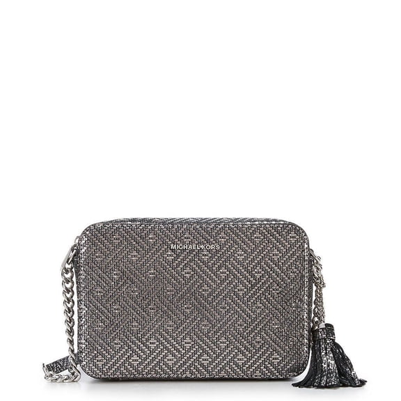 NEW MICHAEL KORS GINNY MEDIUM EMBOSSED LEATHER SILVER CAMERA BAG CROSSBODY PURSE