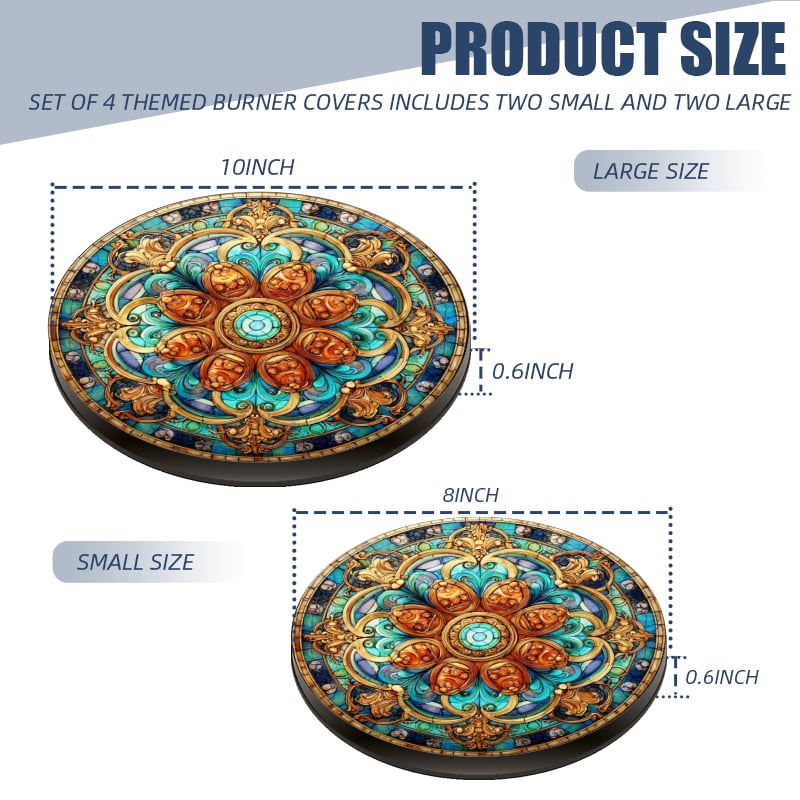 Round Stove Burner Covers for Electric Stove, Vintage Multicolored Floral Mandala Art Decorative Electric Range Burner Covers Set of 4 for Kitchen, 8 Inches and 10 Inches