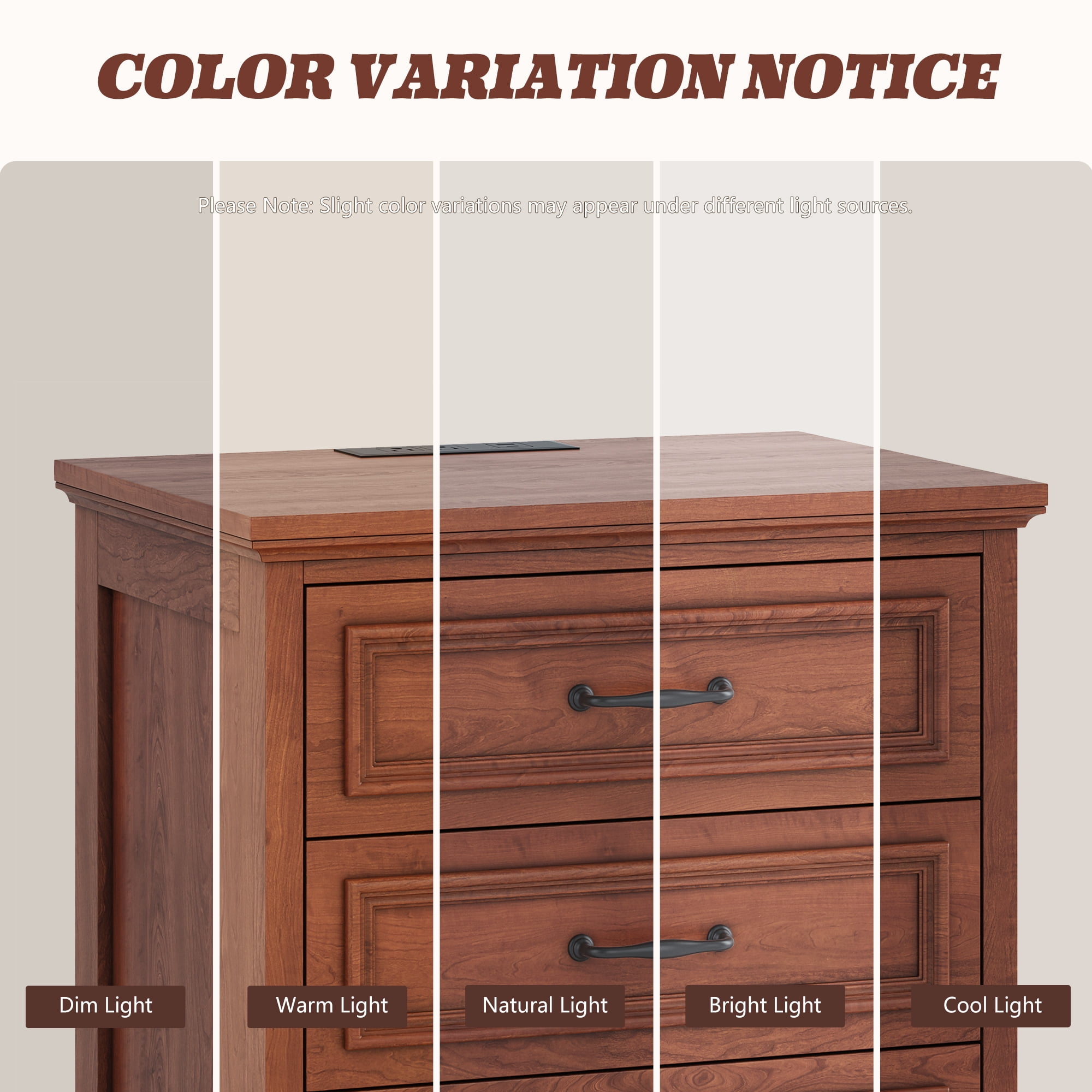 Farmhouse Nightstand with Charging Station, 3 Drawers Bedside Table for Bedroom for Adults, Cherry Brown