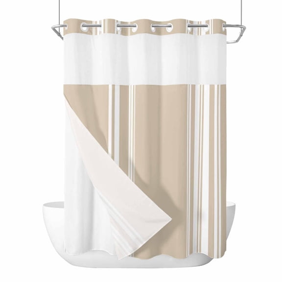 Beige Striped No Hook Shower Curtain Waterproof,Bathroom Curtains with Snap in Liners and See Through Top Window,Farmhouse Luxurious White Stripes Modern Abstract Art Bathtub Curtains 60"Wx72"L