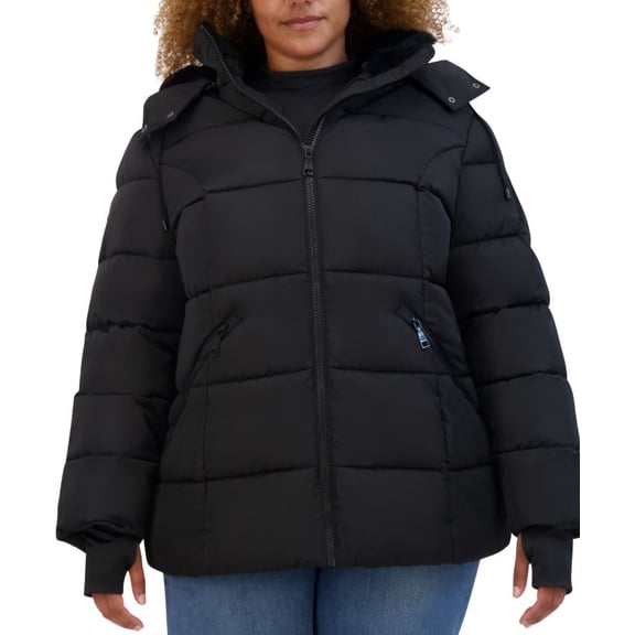 Steve Madden Women's Black Plus Size Faux-Fur-Trim Hooded Puffer Coat, 3X