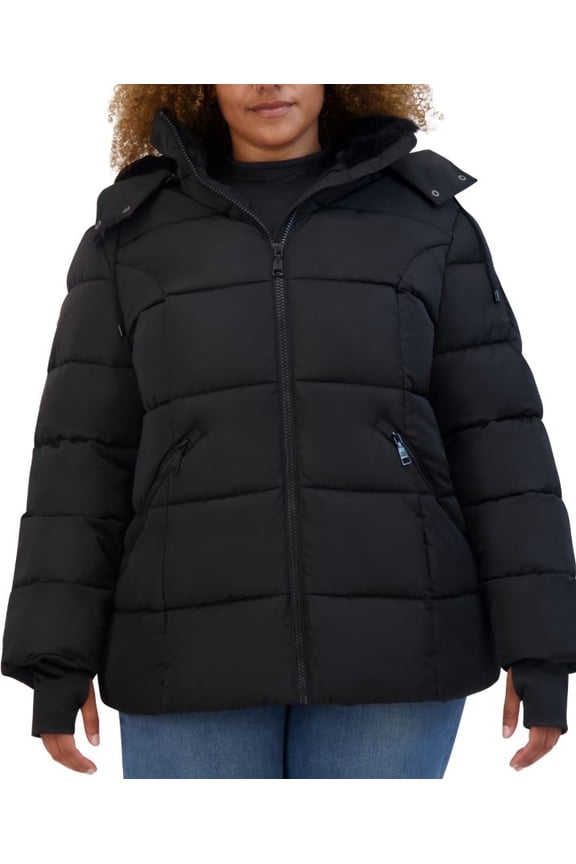 Women's Black Plus Size Faux-Fur-Trim Hooded Puffer Coat, 3X