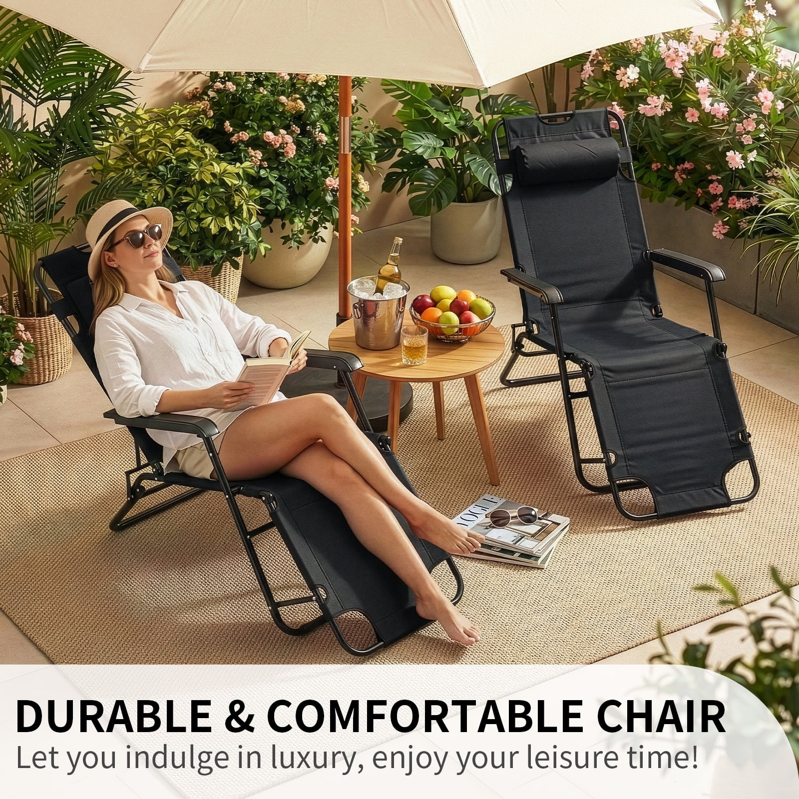 UBesGoo 2-Position Adjustable Backrest Chaise Chair, Lightweight Tanning Chair with Pillow, Sun Recliner for Indoor Outdoor - Black