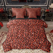 Feelyou Glitter Cheetah Print Bedding Comforter Set 7pcs for Adult, Bling Fashion Art King Bedding Sets, Red Chic Abstract Reversible Bed Sheets, Luxury Bedroom Decor